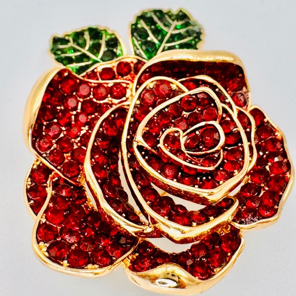 Mens Red Crystal Rose Lapel Brooch Gold Tone Green Leaf Rhinestone Statement Pin - Picture 2 of 8